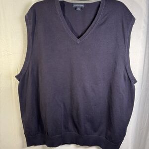 Lands’ End Men’s Sweater Vest XXL Navy Blue Cotton Knit V-Neck Pullover